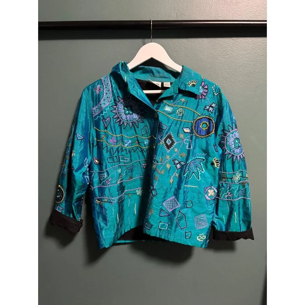 Vintage Chico's Jacket Womens Size 1 Medium Turquoise Embroidered Silk